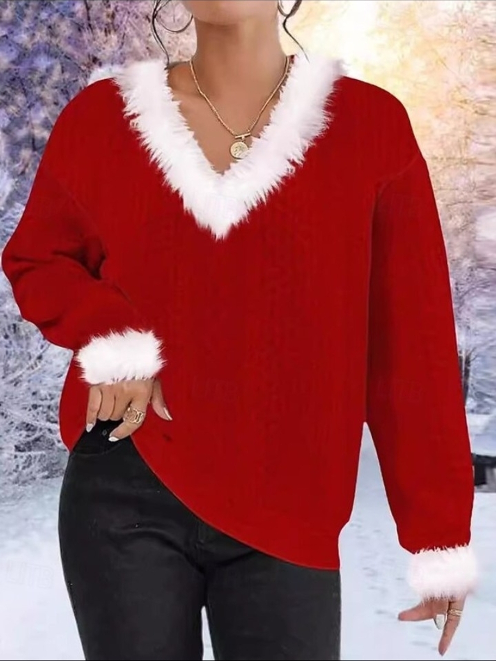 Red Faux-Fur Trim V-Neck Sweater